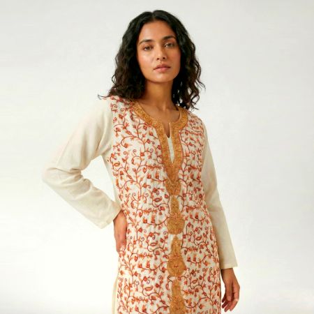 Ivory Kashmiri Kurta with Handworked Golden Vine Embroidery