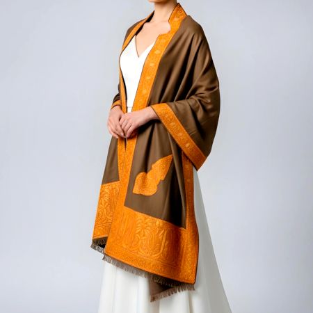 Handwoven Kashmiri Brown Wool Pashmina Shawl with Golden Border
