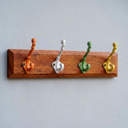 Handcrafted Wooden Wall Hook Rack with 4 Colorful Metal Hooks Adhesive+(Screw)