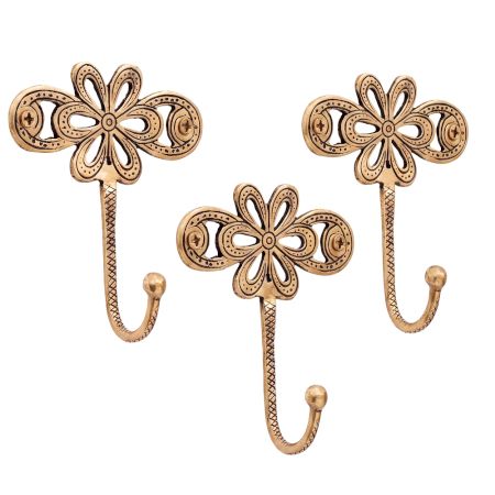 3 Pieces Single Brass Flower Wall Mounted Hook In Antique Finish