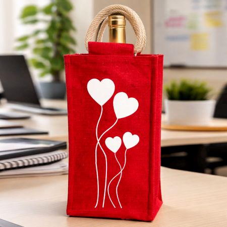 Red Eco Friendly Jute Single Bottle Bag Handmade