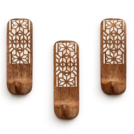 3 Pieces Wooden Handmade Brown And White Adhesive Wall Hooks