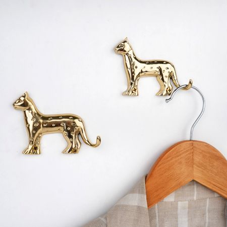 2 Pieces Handmade Gold Brass Leopard Wall Hook for Keys