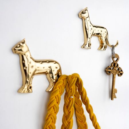2 Pieces Handmade Gold Brass Leopard Wall Hook for Keys