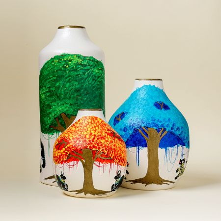 Handcrafted Ceramic Phad Art Tree Life Decorative Vase Set of 3
