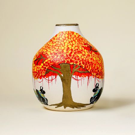 Handcrafted Ceramic Phad Orange Tree Cow Decorative Vase