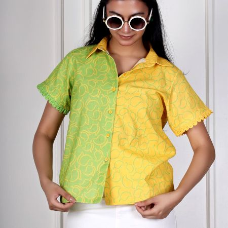 Handcrafted Mango Print Cotton Split Panel Casual Shirt