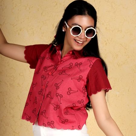 Handcrafted Cherry Top with Scallop Hems Cotton Shirt