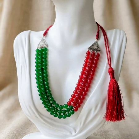 HandcraftedJewelry Red Green Layered Bead Necklace