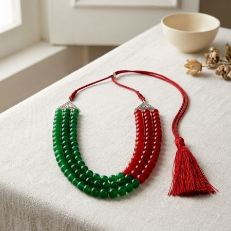 HandcraftedJewelry Red Green Layered Bead Necklace