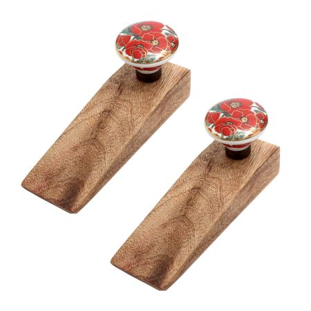 2 Pieces Red Poppy Flower Golden Ceramic Wooden Door Stopper