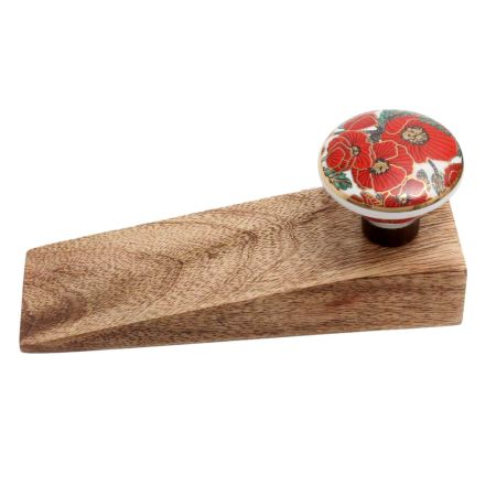 2 Pieces Red Poppy Flower Golden Ceramic Wooden Door Stopper