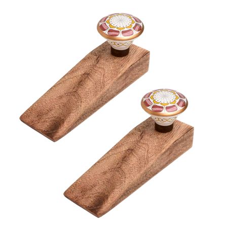 2 Pieces Pink Wheel Flower Ceramic Wooden Door Stopper