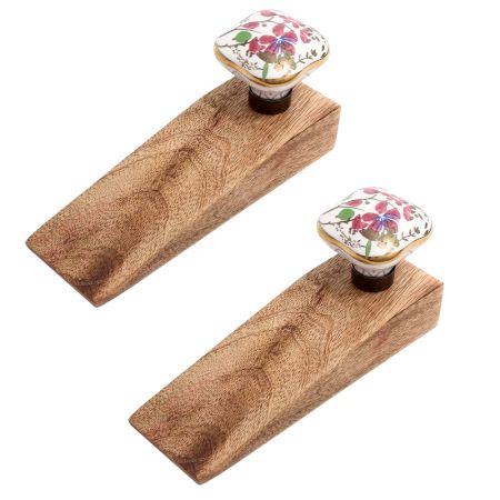 2 Pieces Pink Flower Square Ceramic Wooden Door Stopper