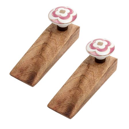 2 Pieces Pink Ceramic Floral Wooden Door Stopper