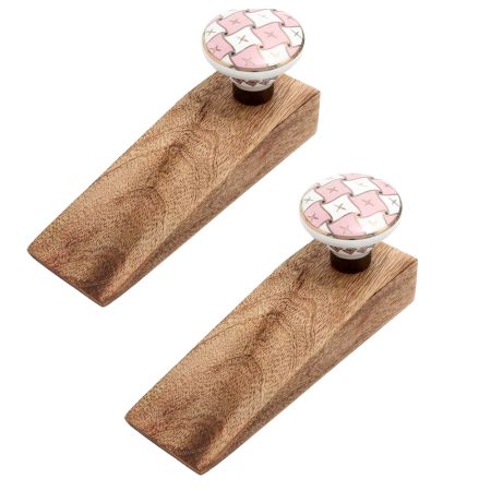 2 Pieces Pink & White Golden Checkerboard Ceramic Wooden Door Stopper