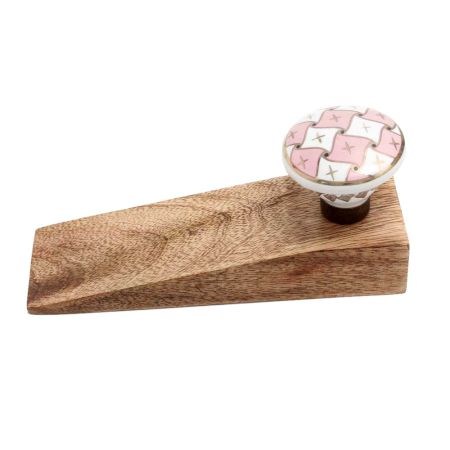 2 Pieces Pink & White Golden Checkerboard Ceramic Wooden Door Stopper