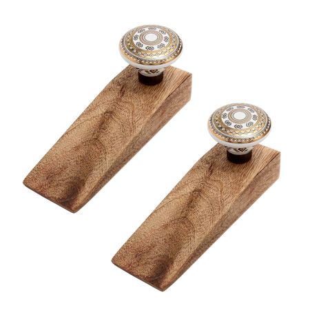2 Pieces Golden Wheel Pattern Flat Ceramic Wooden Door Stopper