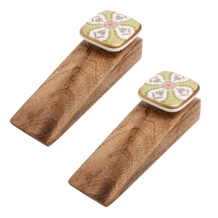 2 Pieces Golden Leaf Flower Square Ceramic Wooden Door Stopper