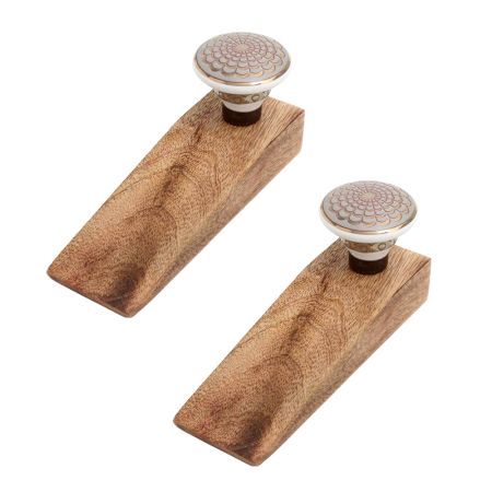 2 Pieces Golden Crown Pattern Ceramic Wooden Door Stopper