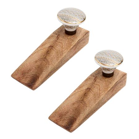 2 Pieces Golden Border Pattern Flat Ceramic Wooden Door Stopper