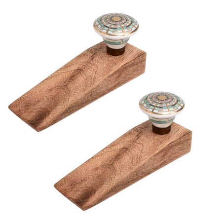 2 Pieces Emerald Hue Golden Pattern Ceramic Wooden Door Stopper