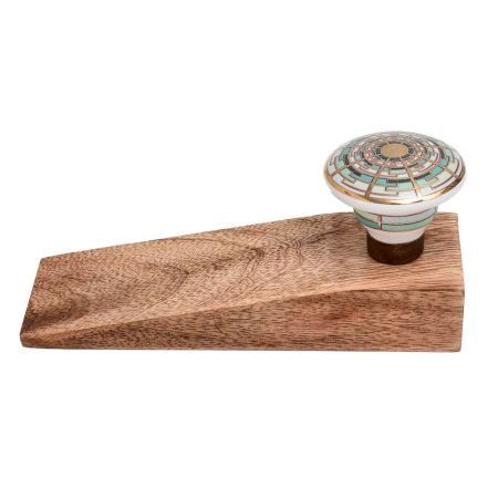 2 Pieces Emerald Hue Golden Pattern Ceramic Wooden Door Stopper