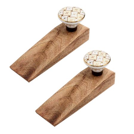 2 Pieces Cream & White Golden Checkerboard Ceramic Wooden Door Stopper