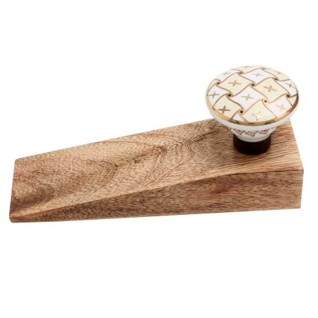 2 Pieces Cream & White Golden Checkerboard Ceramic Wooden Door Stopper