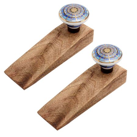 2 Pieces Blue Sapphire Hue Golden Pattern Ceramic Wooden Door Stopper
