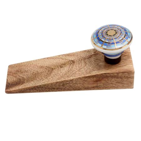 2 Pieces Blue Sapphire Hue Golden Pattern Ceramic Wooden Door Stopper