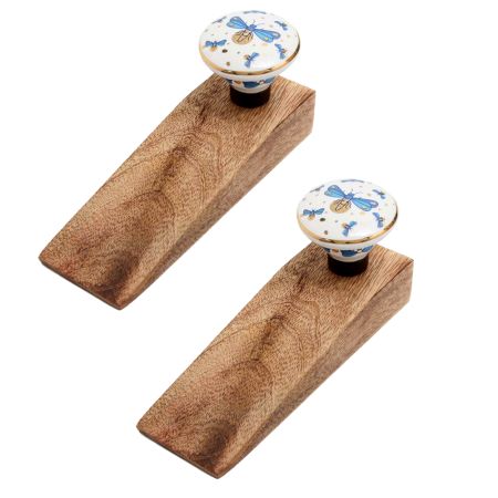 2 Pieces Blue Golden Firefly Pattern Flat Ceramic Wooden Door Stopper