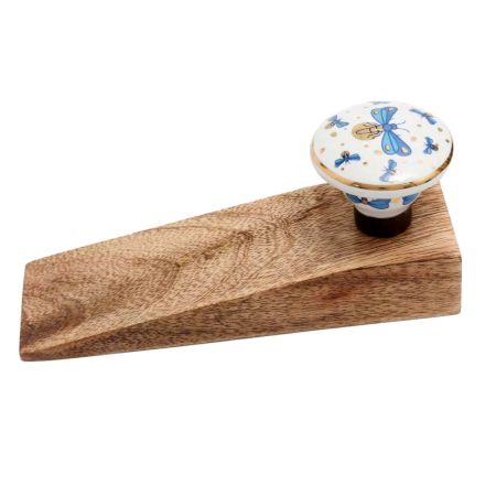 2 Pieces Blue Golden Firefly Pattern Flat Ceramic Wooden Door Stopper