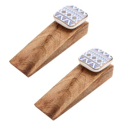 2 Pieces Blue Border Design Square Ceramic Wooden Door Stoper