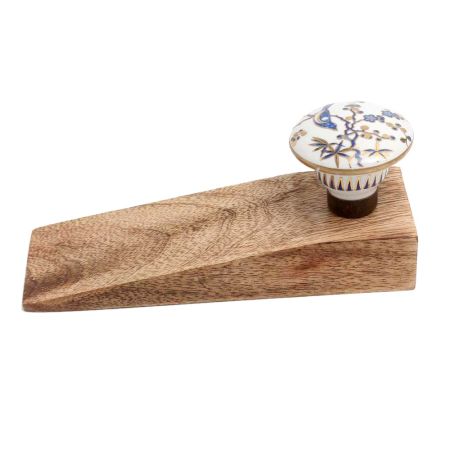 2 Pieces Blue Bird Golden Berry Ceramic Floral Wooden Door Stopper