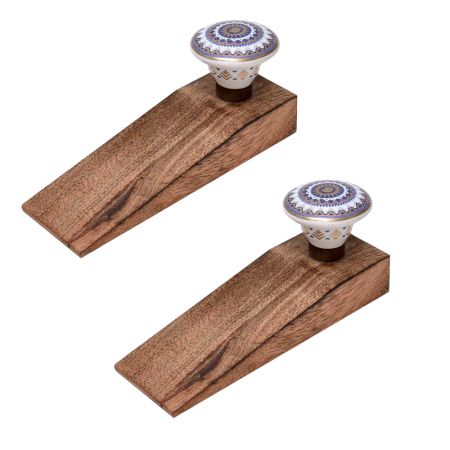 2 Pieces Blue & Golden Wheel Pattern Flat Ceramic Wooden Door Stopper