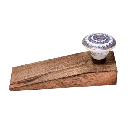 2 Pieces Blue & Golden Wheel Pattern Flat Ceramic Wooden Door Stopper