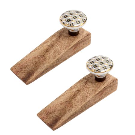 2 Pieces Black Golden Check Pattern Flat Ceramic Wooden Door Stopper