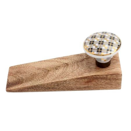 2 Pieces Black Golden Check Pattern Flat Ceramic Wooden Door Stopper