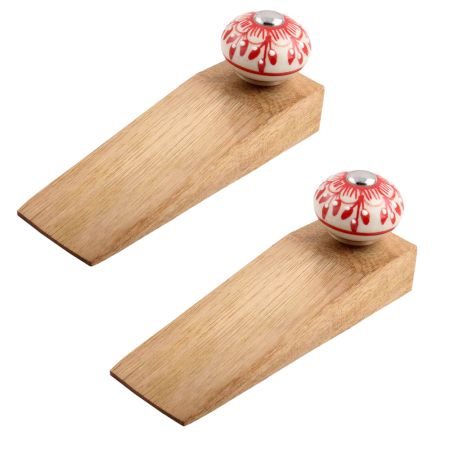 2 Pieces Red Zinnia Flower Ceramic Wooden Door Stopper