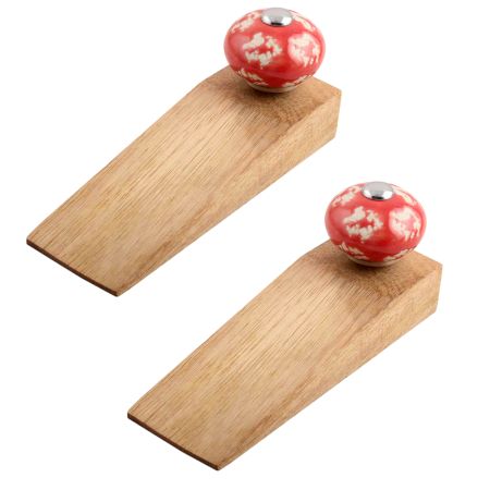 2 Pieces Red Etched Ceramic Wooden Door Stopper