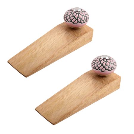 2 Pieces Pink And Black Etched Ceramic Wooden Door Stopper