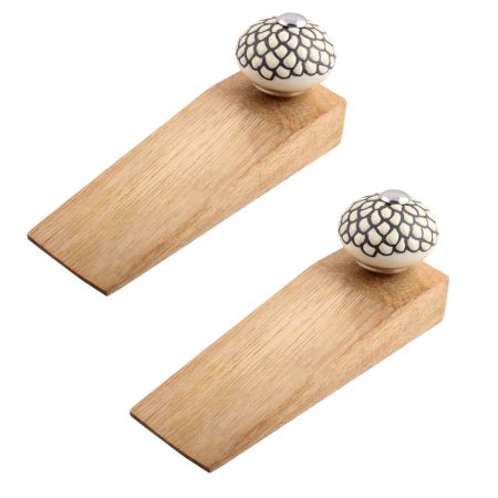 2 Pieces Cream And Black Etched Ceramic Wooden Door Stopper