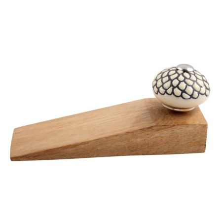 2 Pieces Cream And Black Etched Ceramic Wooden Door Stopper