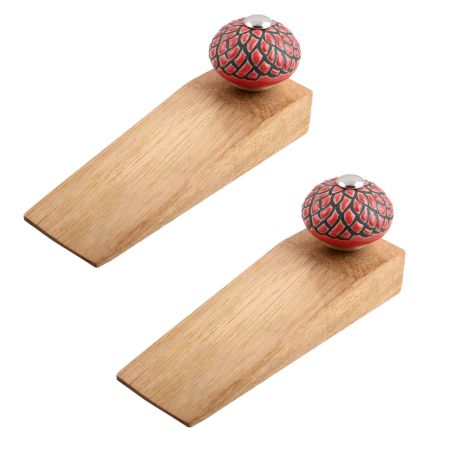 2 Pieces Red And Black Etched Ceramic Wooden Door Stopper