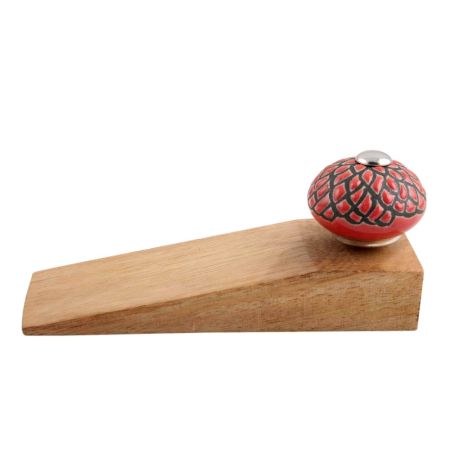 2 Pieces Red And Black Etched Ceramic Wooden Door Stopper