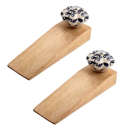 2 Pieces Navy Blue Leaf Melon Ceramic Wooden Door Stopper