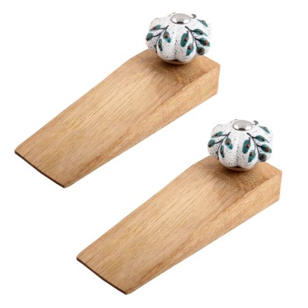 2 Pieces White Green Leaf Melon Ceramic Wooden Door Stopper