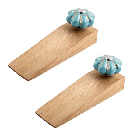 2 Pieces Light Blue Golden Leaf Big Melon Ceramic Wooden Door Stopper
