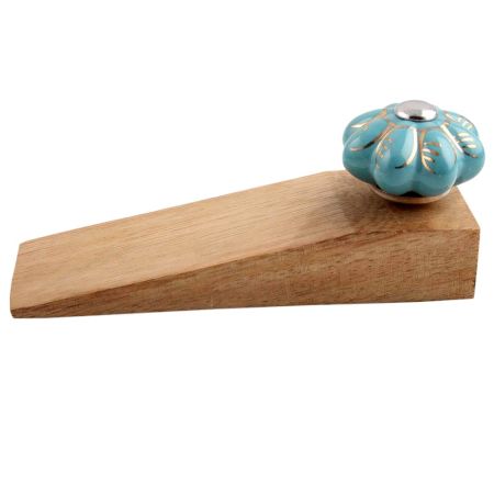 2 Pieces Light Blue Golden Leaf Big Melon Ceramic Wooden Door Stopper